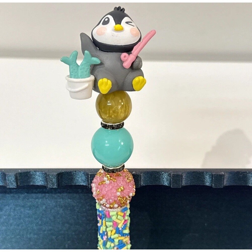 Beaded Colorful Writing Ink Pen With Penguin Fishing Mini Figure Topper Arctic